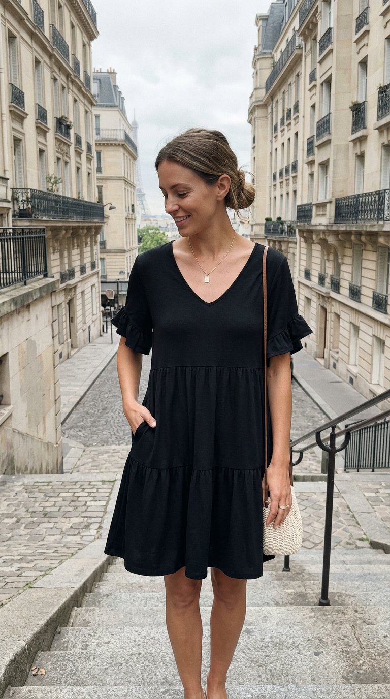 AI product shot of ANRABESS Dresses for Women Summer 2026 V Neck Ruffle Sleeve A Line Tiered Flowy Casual Trendy Mini Beach Dress with Pockets