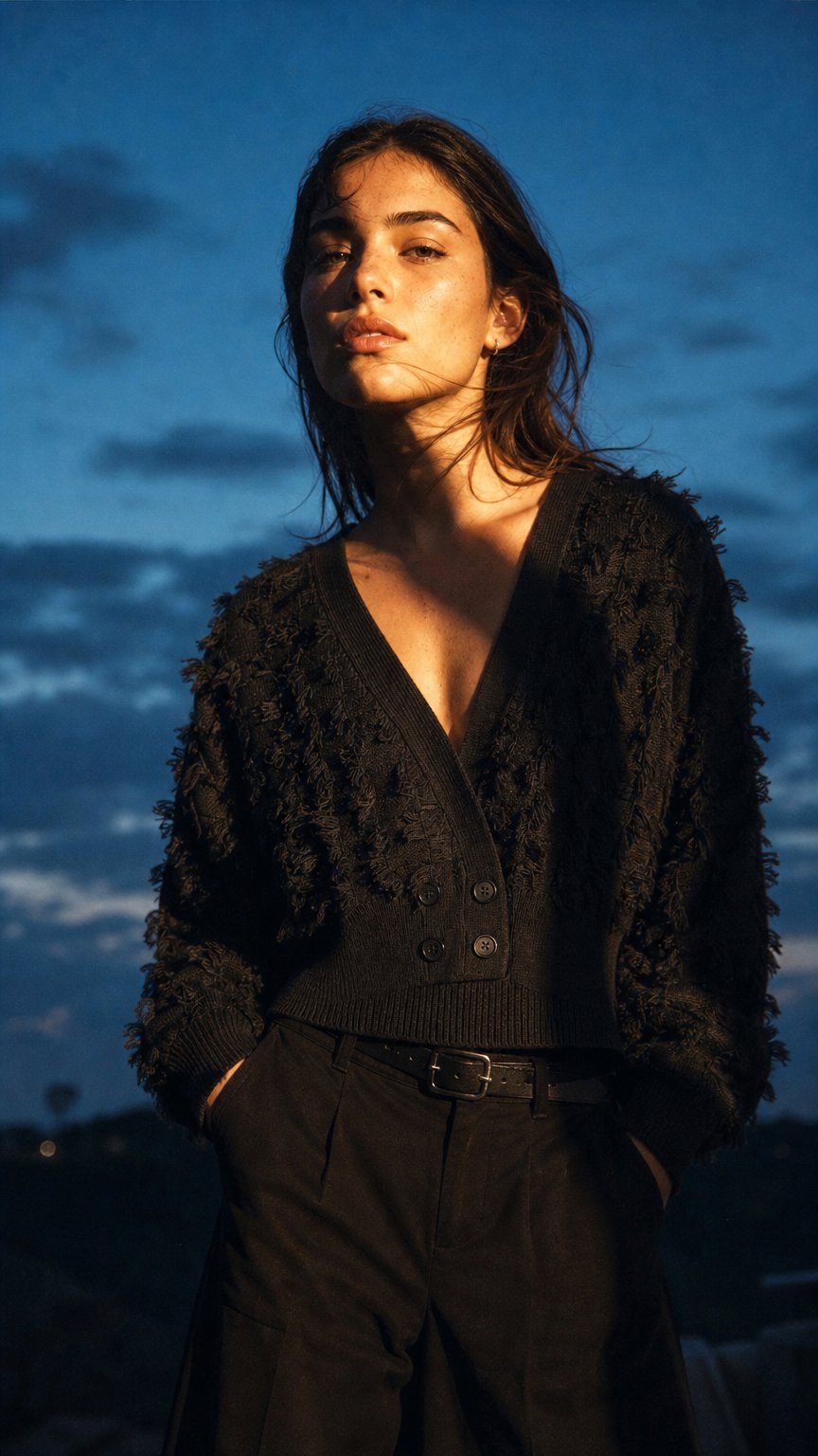 AI product shot of Fringed Checkerboard Cardigan in Black