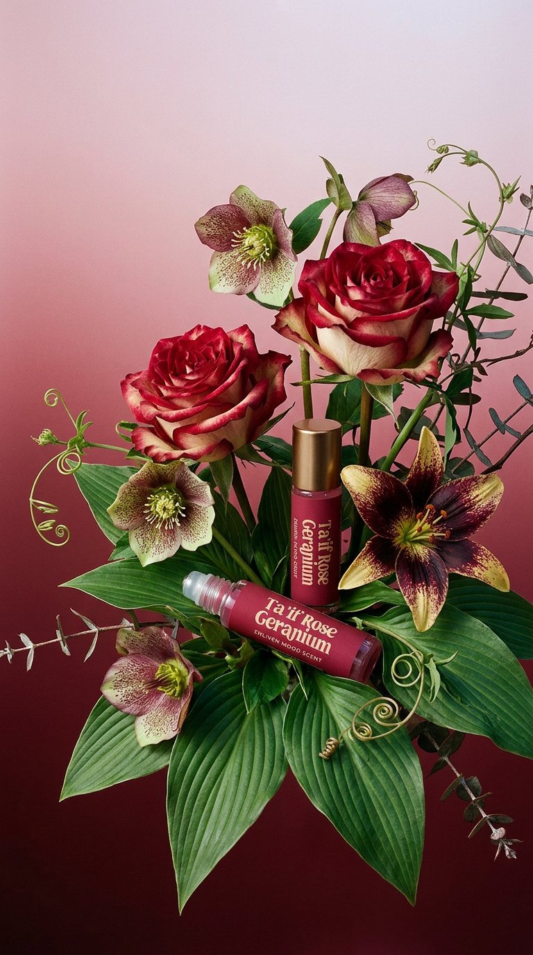 AI product shot of Enliven Taif Rose Geranium Mood Scent (Dramatically Divine Floral)