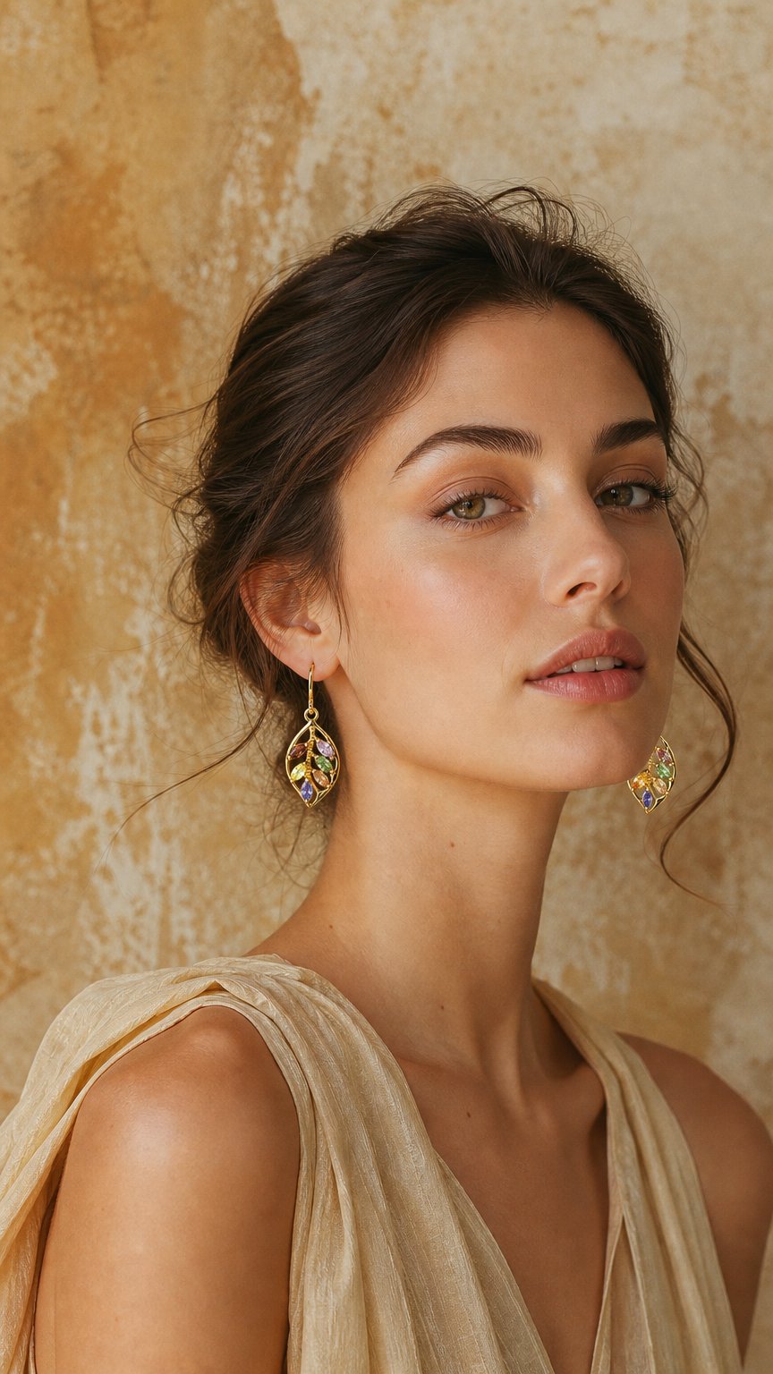 AI product shot of Gold Leaf Earrings with Gemstones