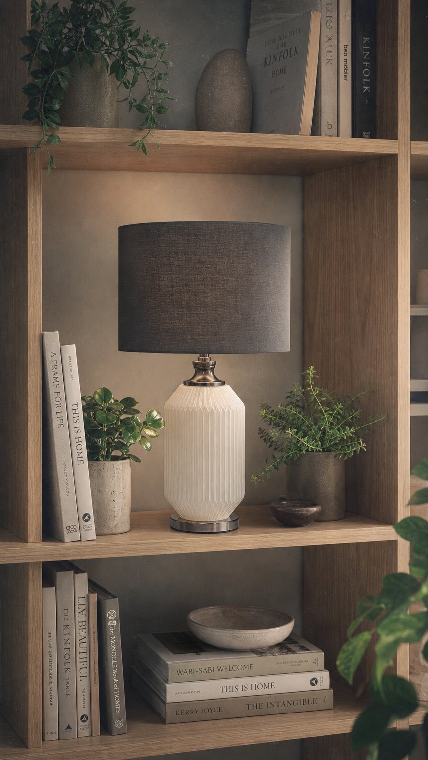 AI product shot of Lampada da Tavolo in Vetro Bianco Rigato con Paralume Grigio – Design Moderno