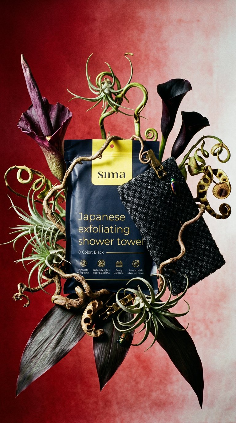 AI product shot of Sima® Japanese Exfoliating Shower Towel