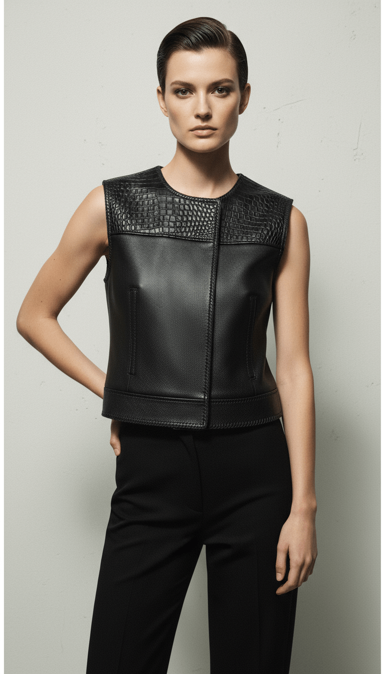 AI product shot of AUS BLACK OFF THE RACK LEATHER / CROC Vest
