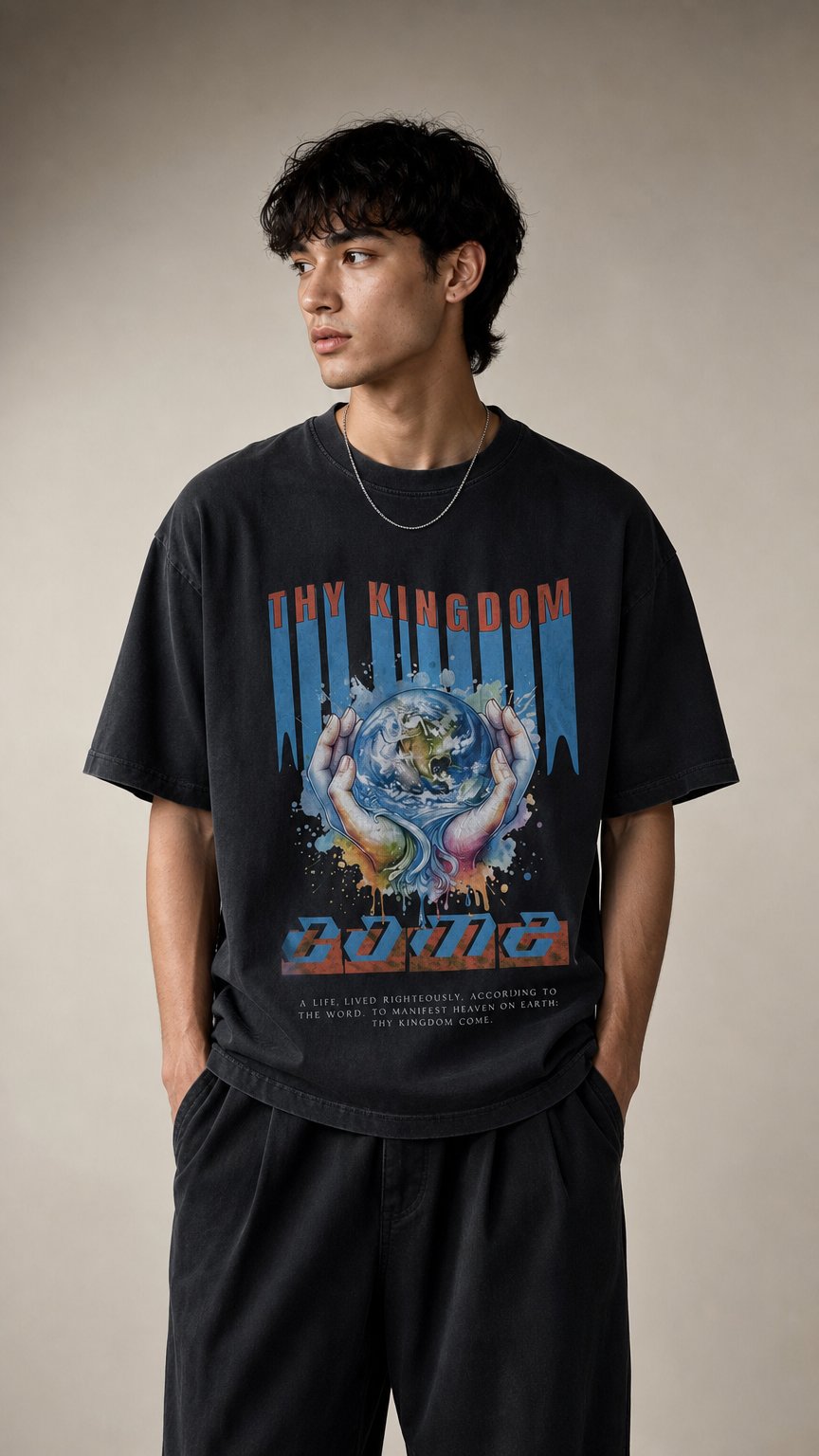 AI product shot of THY KINGDOM - (Vintage Washed Oversized Cotton T-Shirt)