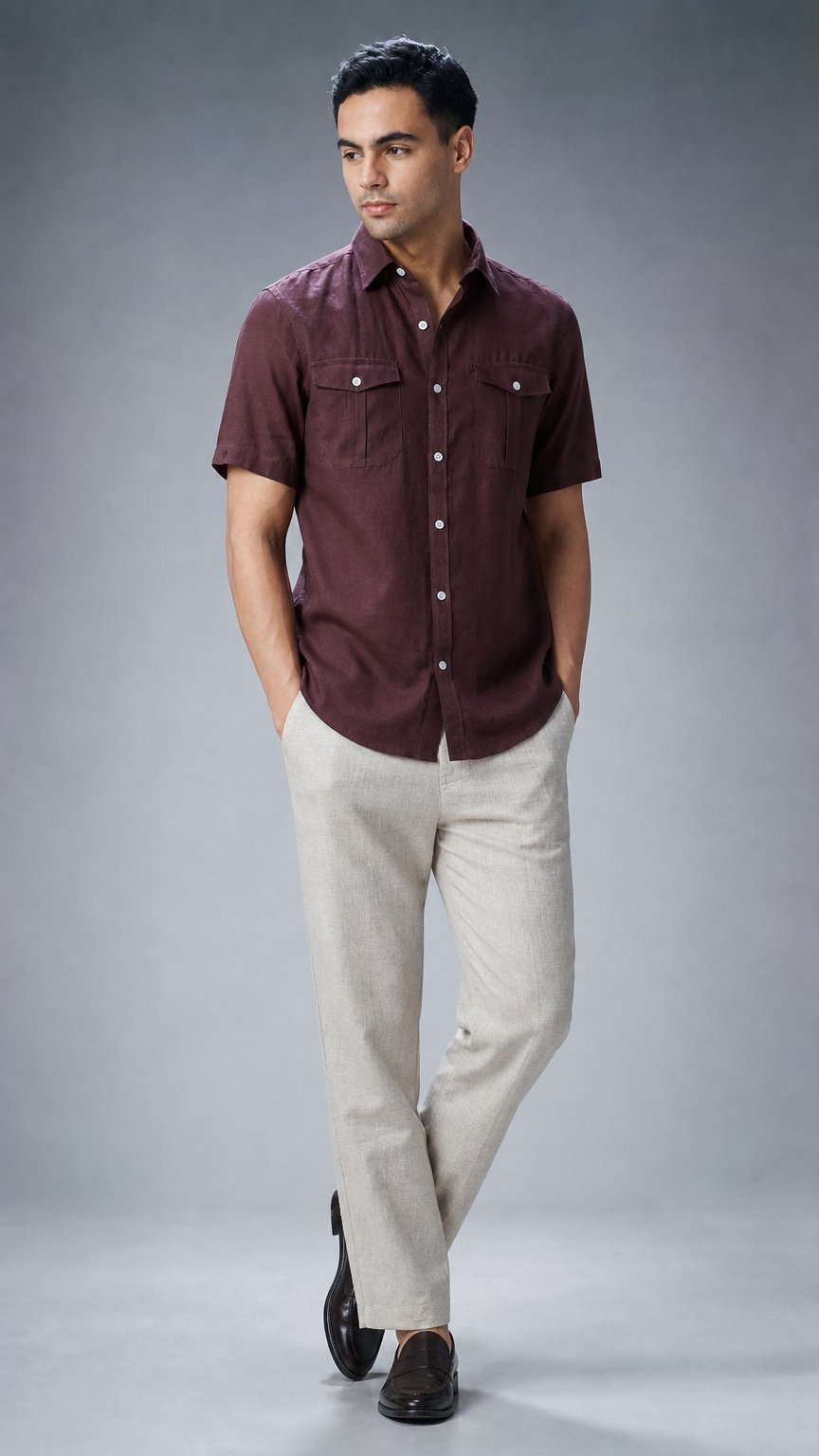AI product shot of Maroon Double Pocket Short Sleeve Linen Shirt