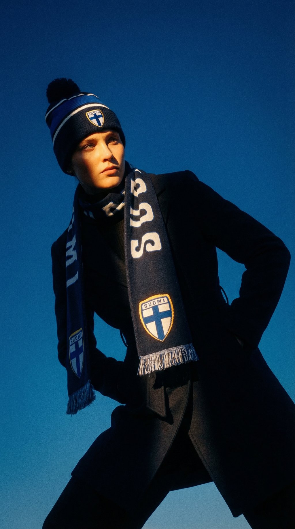 AI product shot of Finland scarf and tassel beanie, Navy Blue, Product set