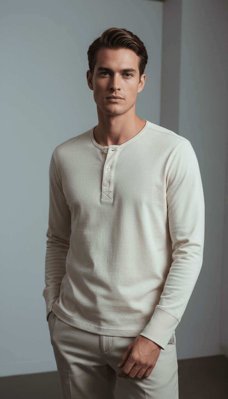 AI product shot of Merz b. Schwanen Good Originals 102 5.5oz Loopwheeled Henley