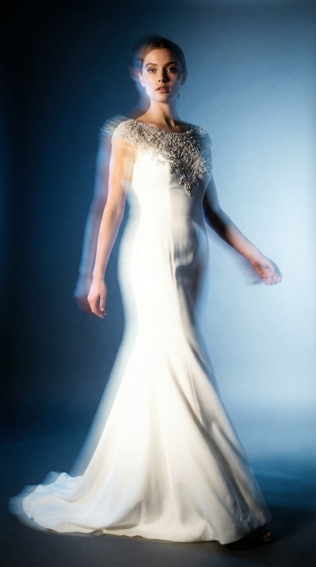 AI product shot of Sottero & Midgely Couture 8SC662 crepe and crystal wedding dress