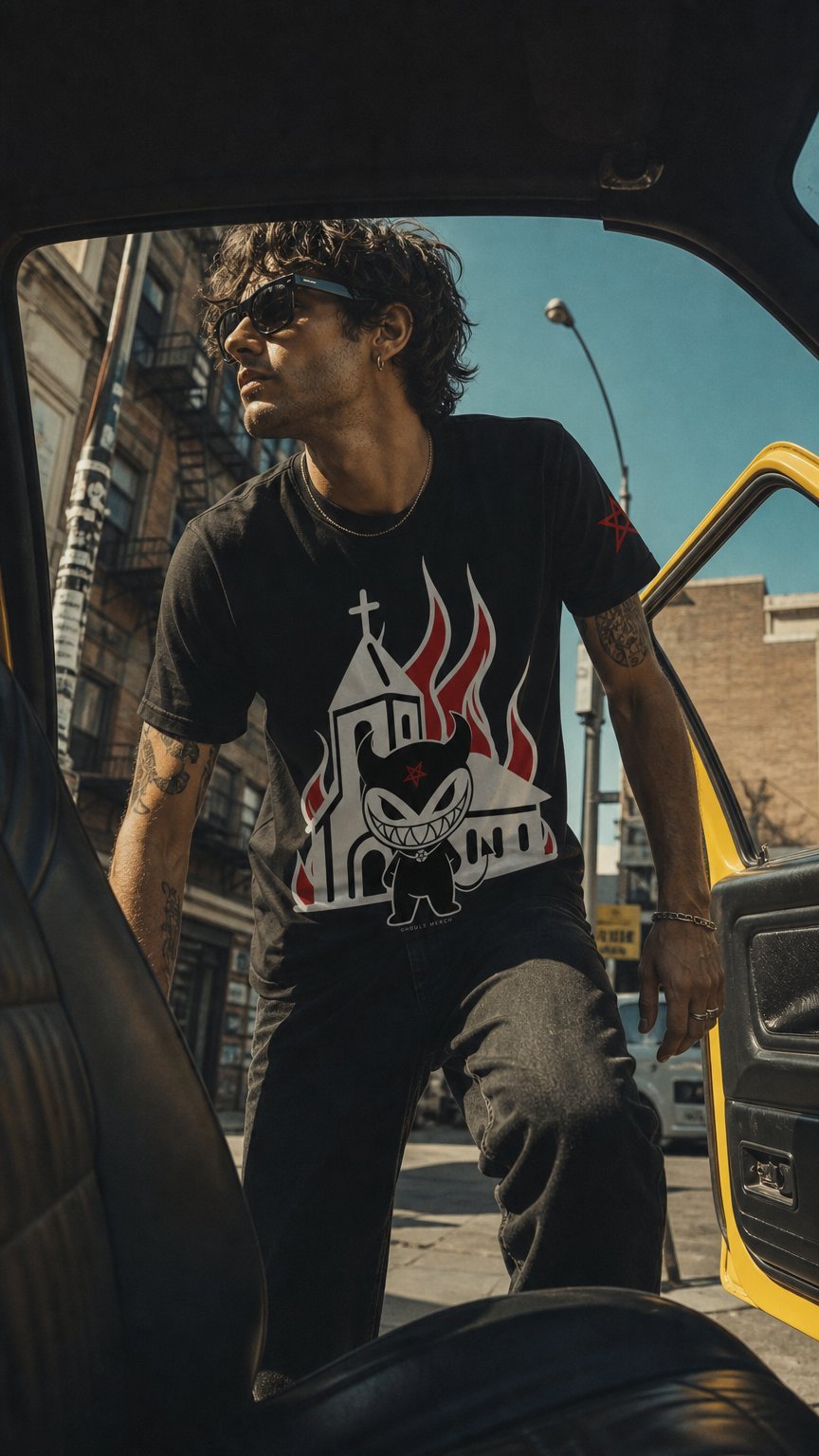 AI product shot of BURNING CHURCH - T-SHIRT