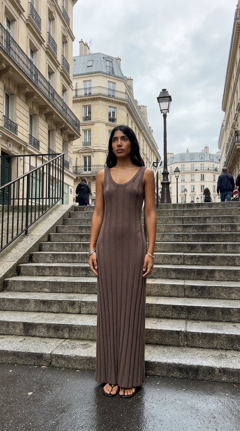 AI product shot of Amara Full Length Knit Dress Espresso