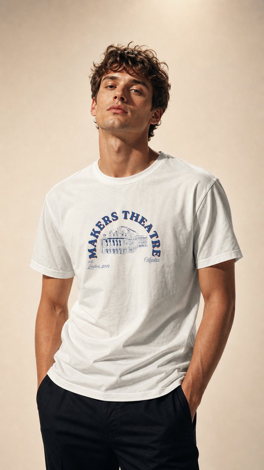AI product shot of Makers Theatre T-Shirt, Mens Vintage Theatre Logo Tee, Plays Collection