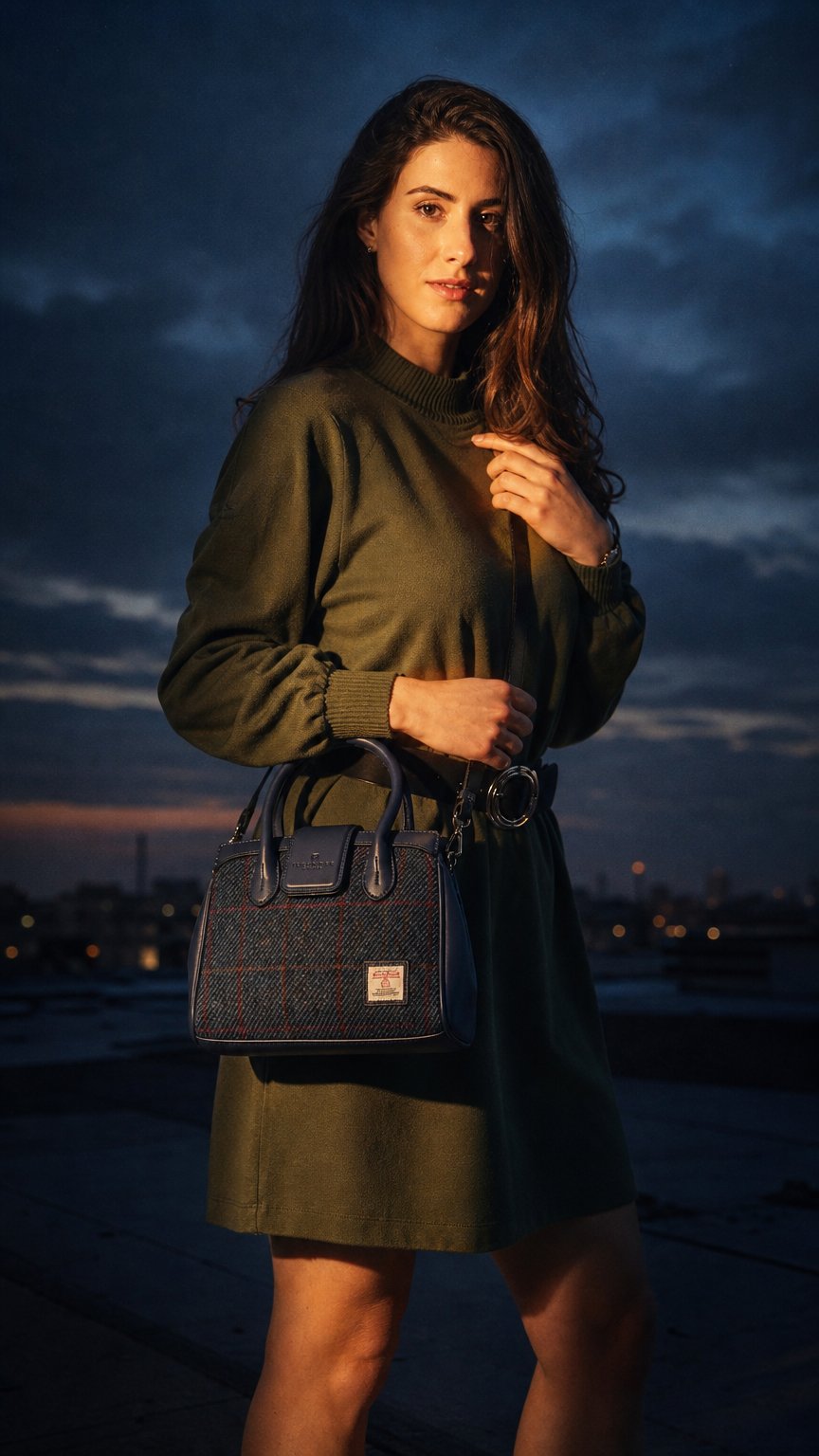 AI product shot of Islander Mini Tiree Tote with Harris Tweed (Navy Over-Check)