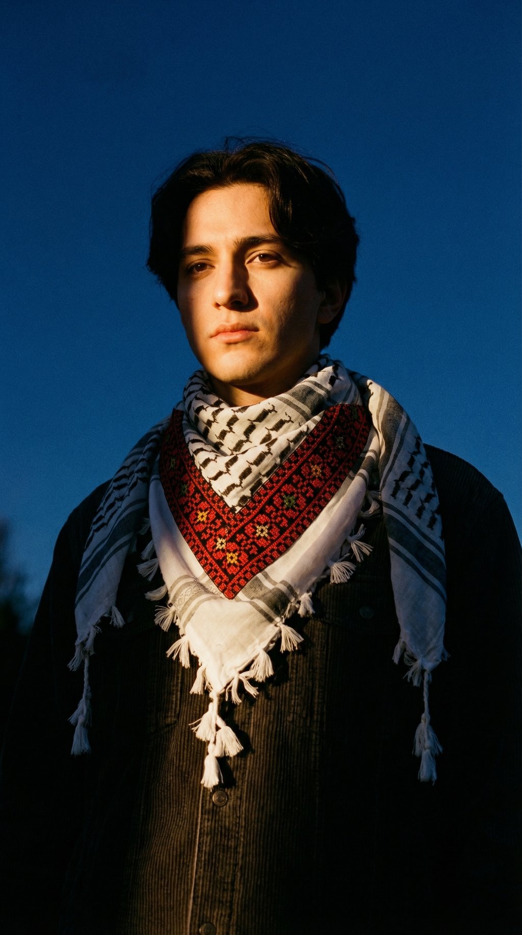 AI product shot of Palestinian Keffiyeh Bandana with Tatreez Embroidery | Limited Edition