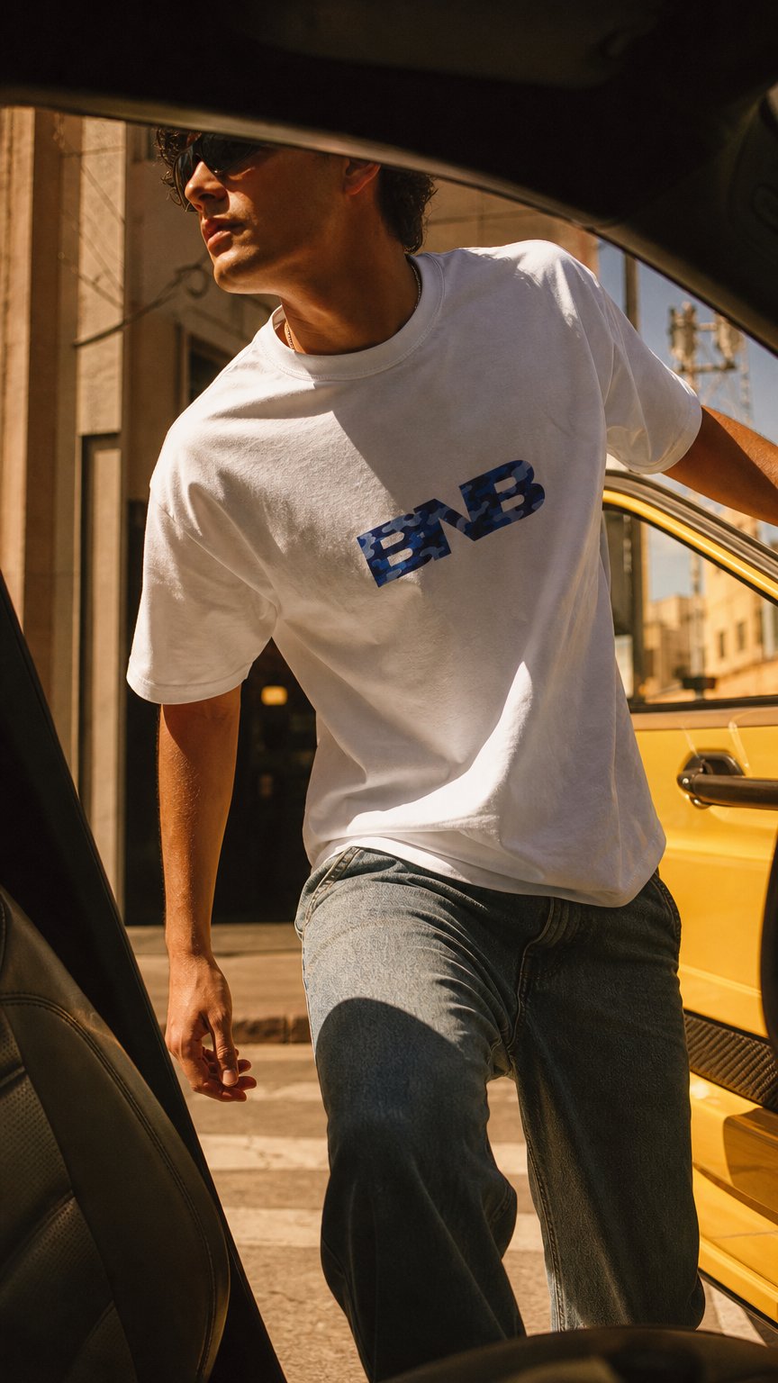 AI product shot of BNB blue camo tee