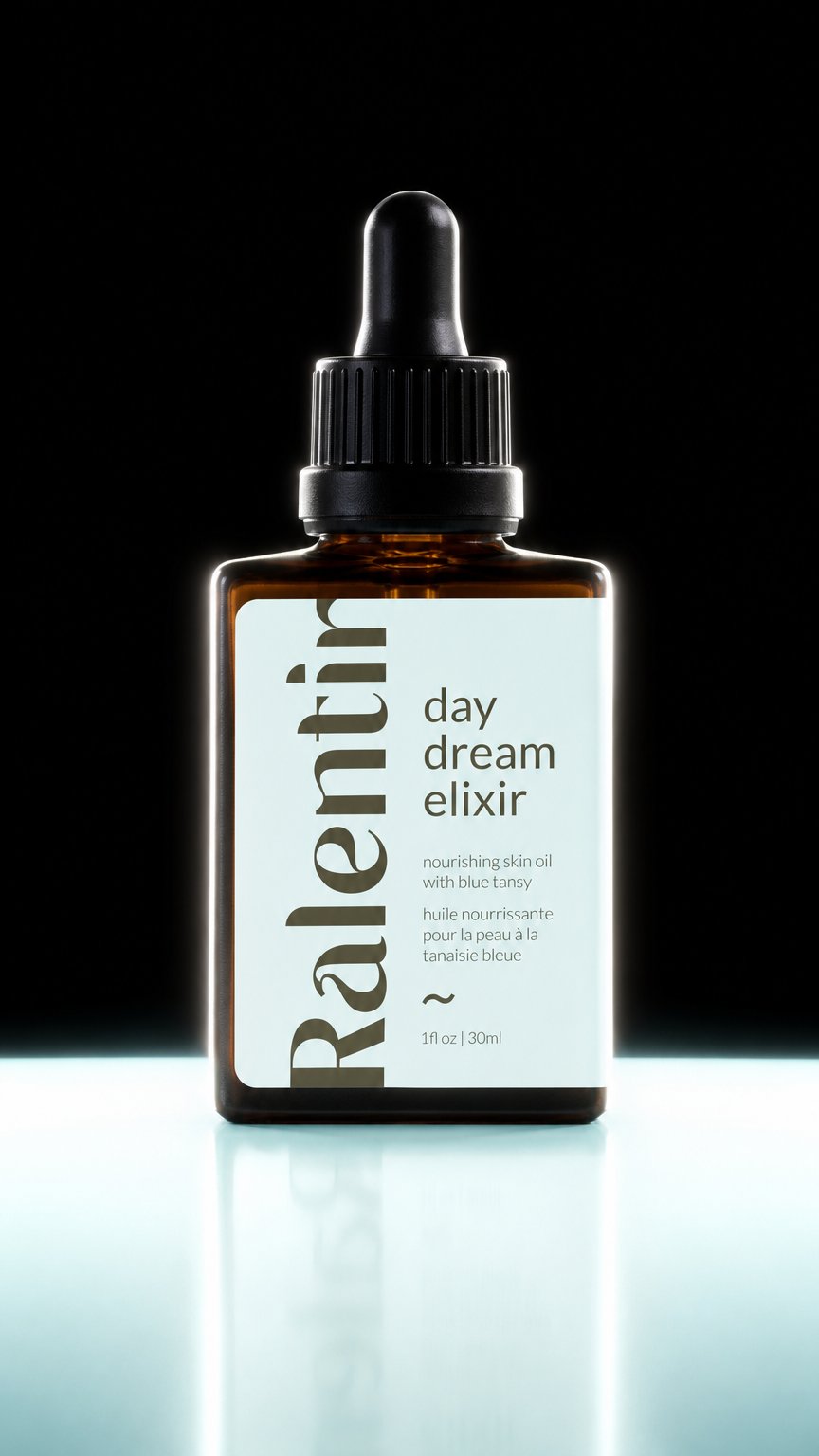 AI product shot of Day dream elixir skin oil (blue tansy)