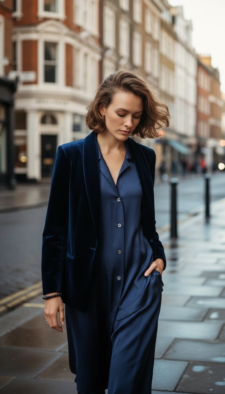 AI product shot of Navy Blue Velvet Jacket