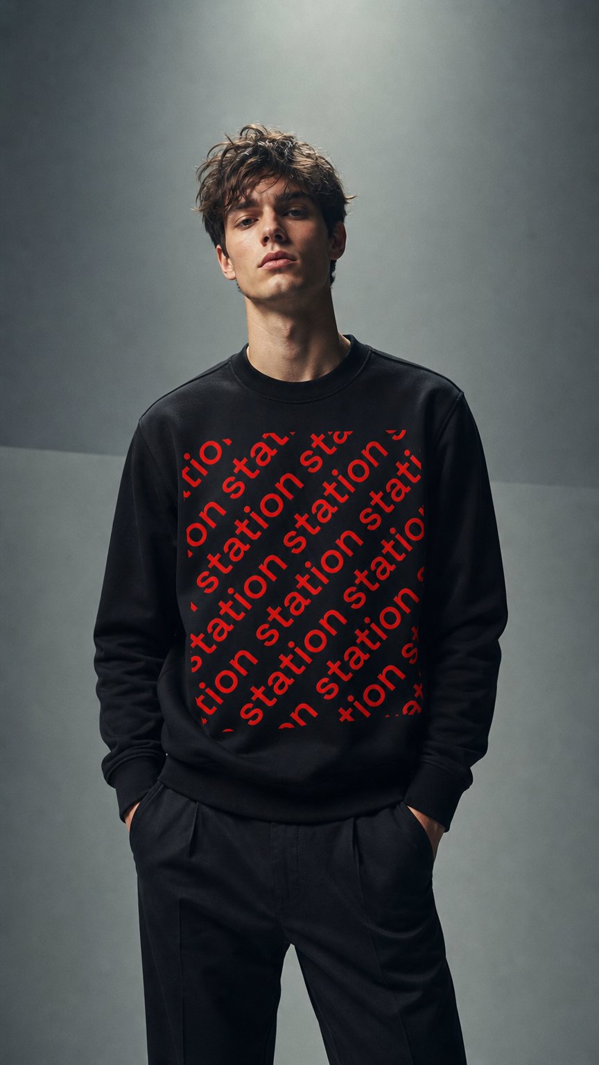 AI product shot of STATION logo one crewneck sweatshirt