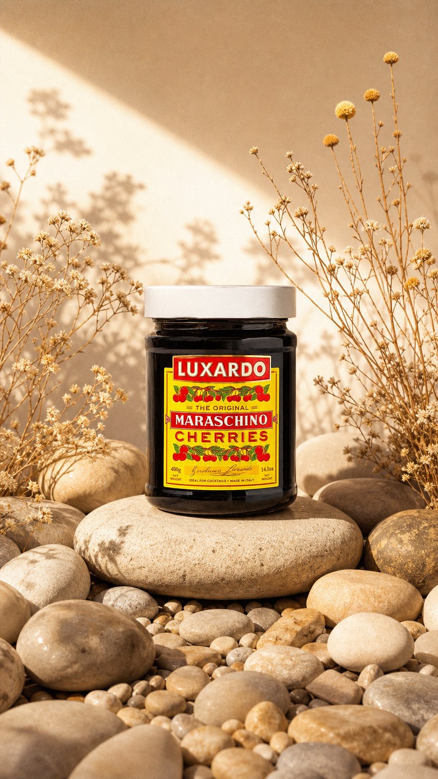 AI product shot of luxardo Gourmet Cocktail Maraschino Cherries | for Old Fashioned, Manhattan and Desserts | Packed in Special Protective Bubble | 400G Jar