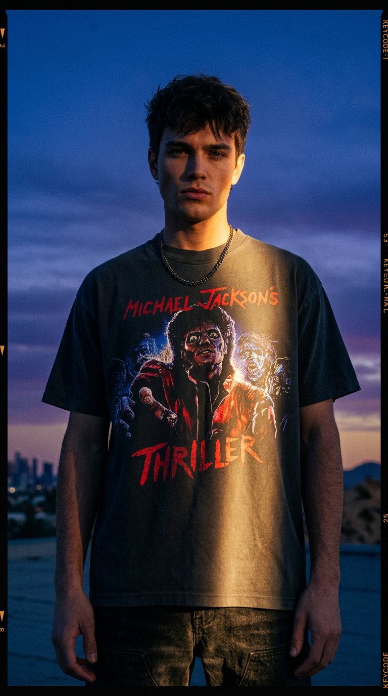 AI product shot of MICHAEL JACKSON'S THRILLER HEAVYWEIGHT WASHED BLACK T-SHIRT