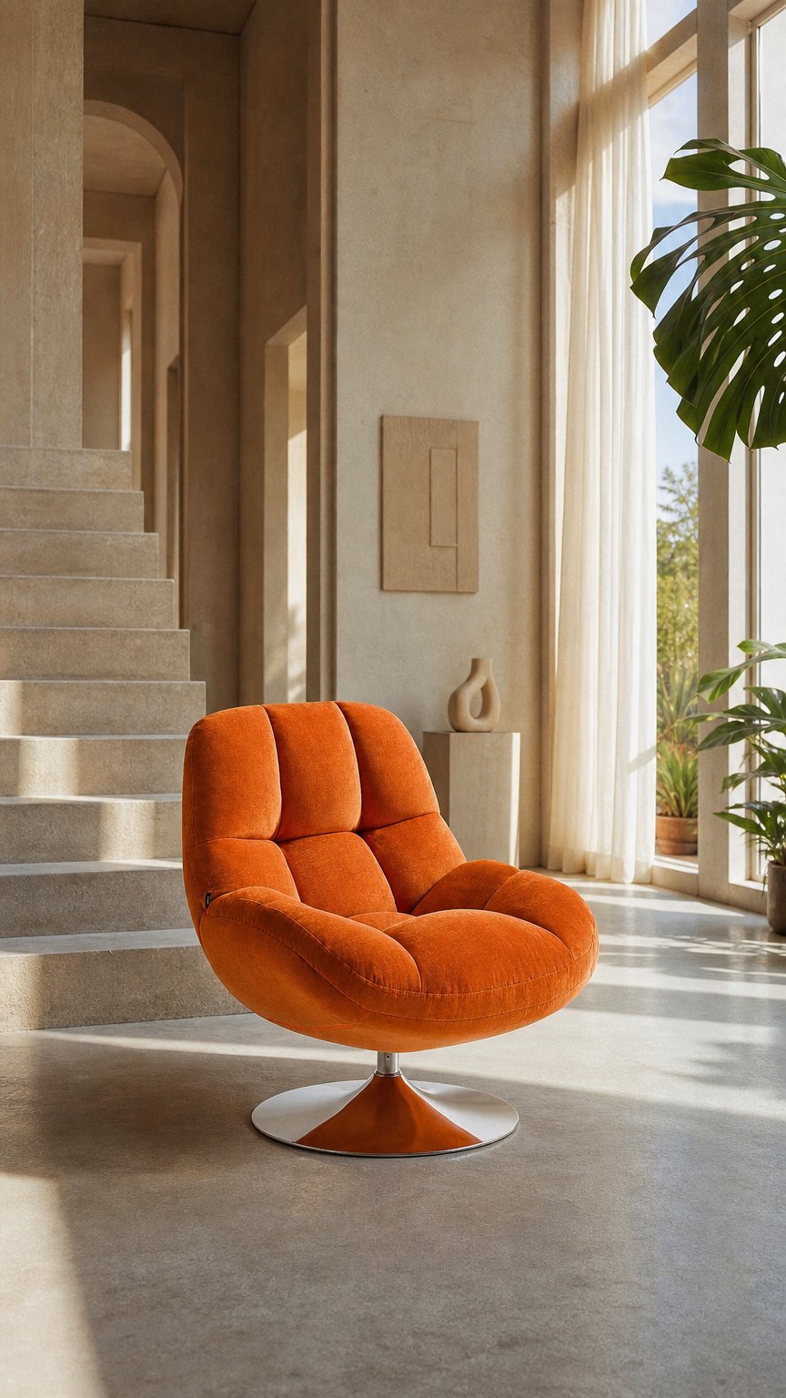 AI product shot of Mogliano - Drehsessel aus Stoff und verchromtem Metall - Orange