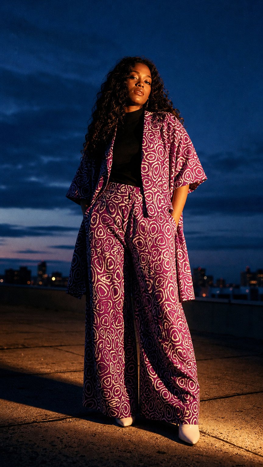 AI product shot of African Print Kimono with Matching Trousers Kimora Kalli