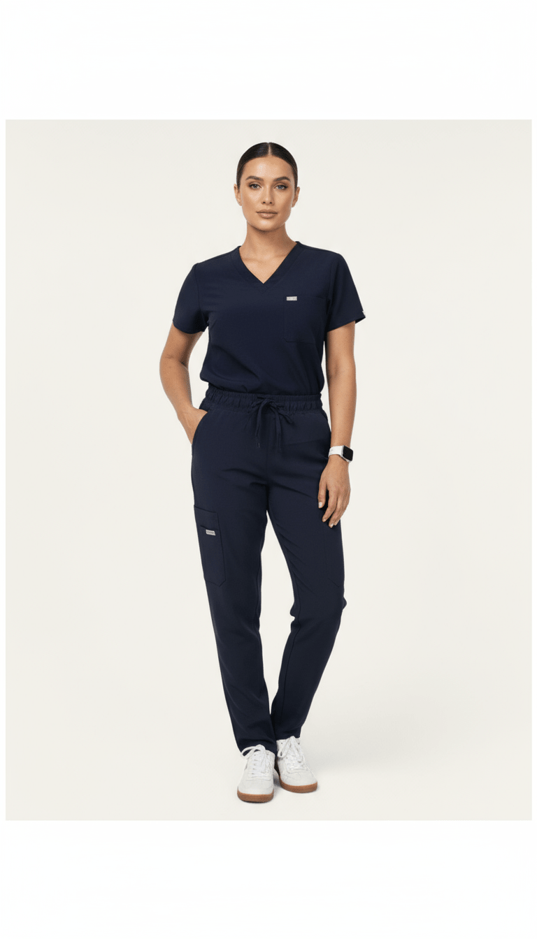AI product shot of IRONIK Navy Blue Scrub Set - Top & Cargo Pants