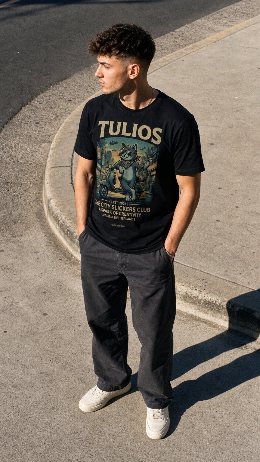 AI product shot of Tulios "Midnight Cat" Graphic Tee