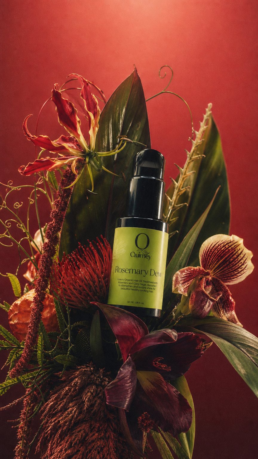 AI product shot of Rosemary Dew Organic Hair Oil