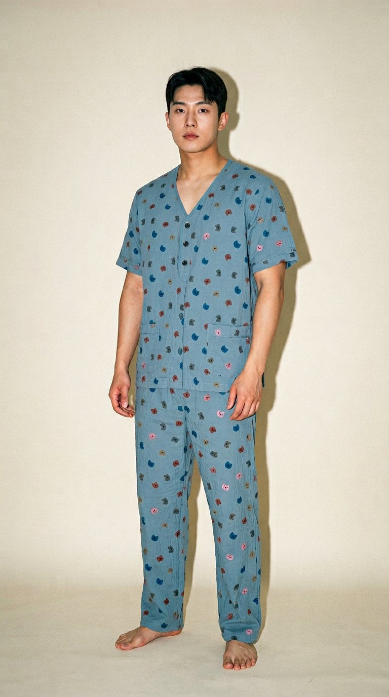 AI product shot of 남자 여름 레이온 인견 냉장고 냉감 빅사이즈 남성 5부 홈웨어 마약잠옷 파자마