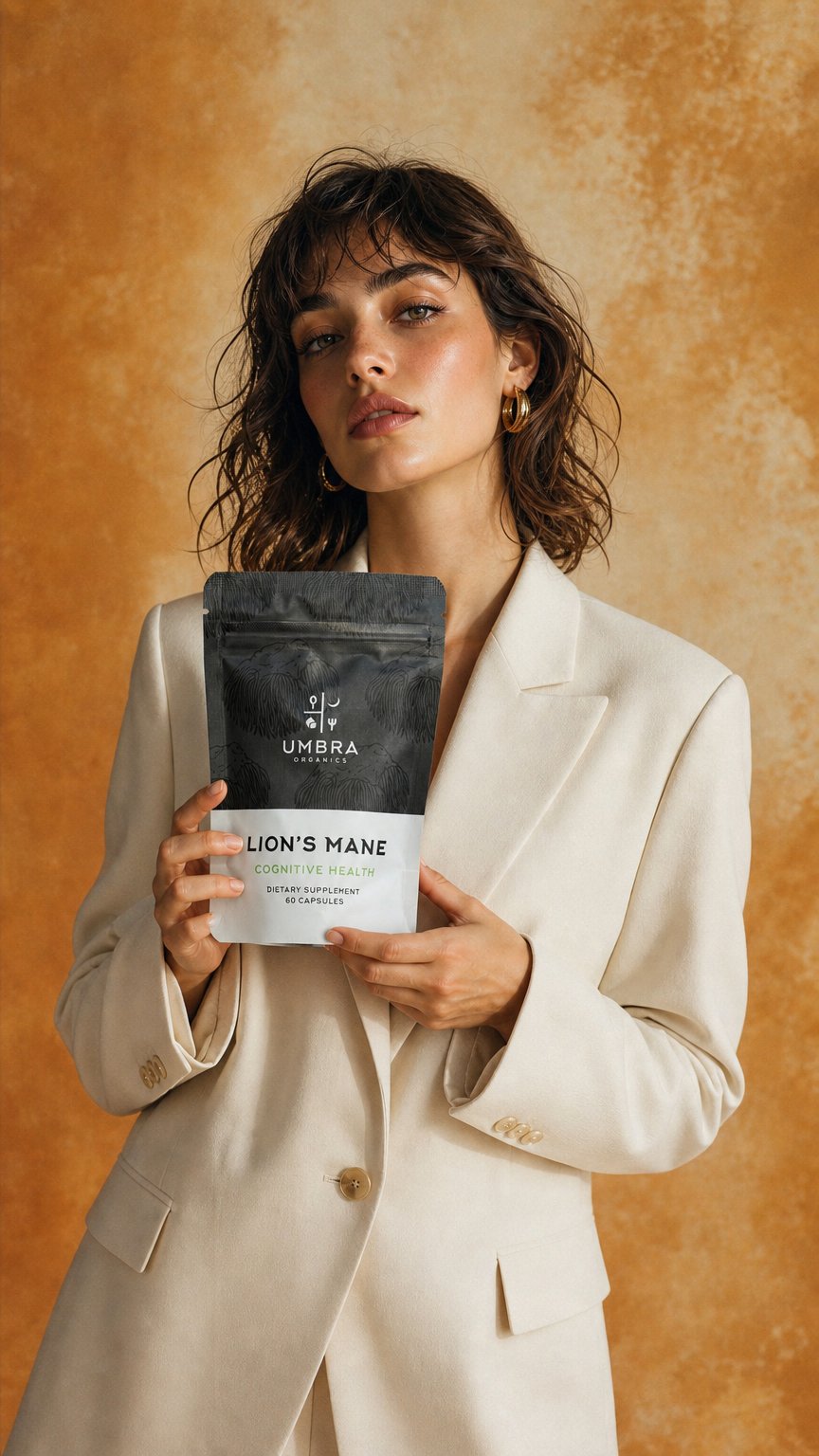 AI product shot of Lion’s Mane Mushroom Capsules