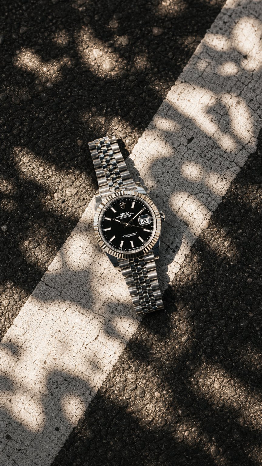 AI product shot of 2026 Rolex Datejust 41mm Black Dial Fluted Jubilee Steel 126334