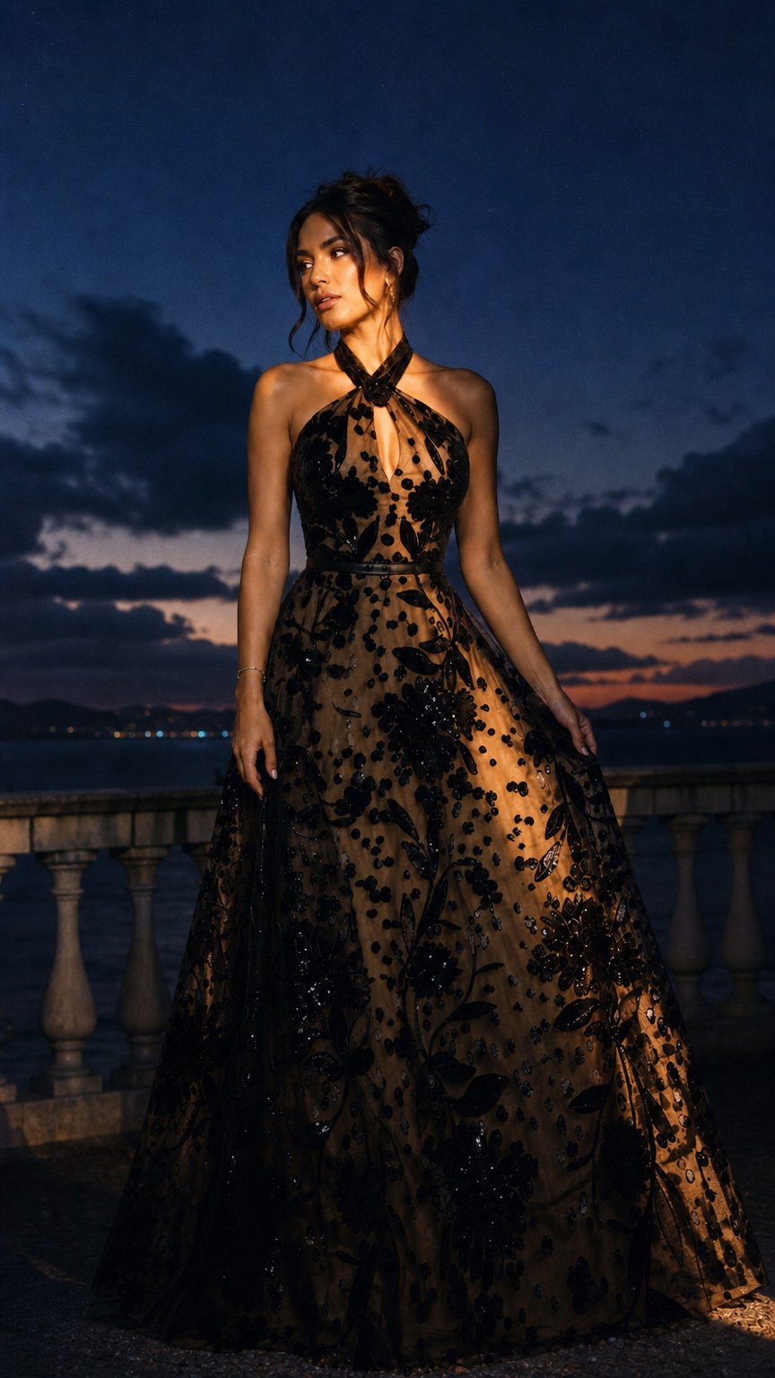 AI product shot of NOIRÉA | Black Sequin Lace Halter A-Line Maxi Gown