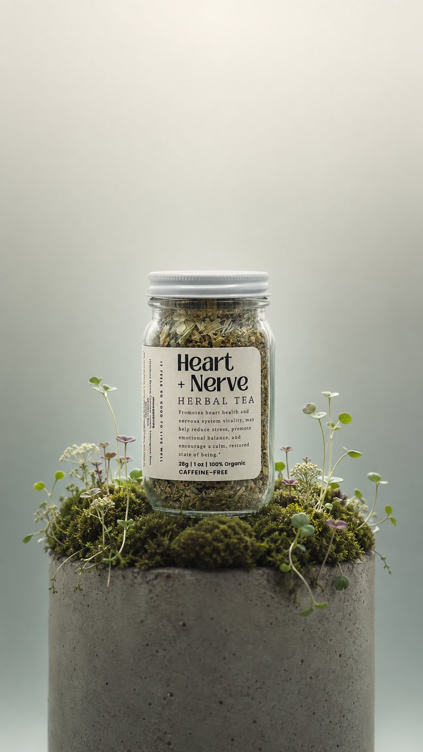 AI product shot of Heart + Nerve - Herbal Organic Loose Leaf Tea