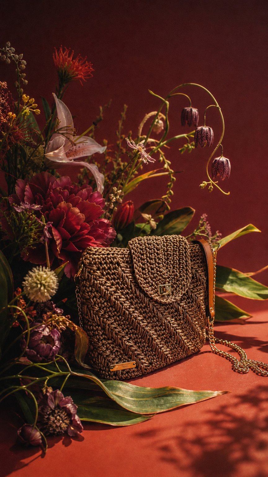 AI product shot of Olivia – Sac bandoulière crochet & cuir Marron