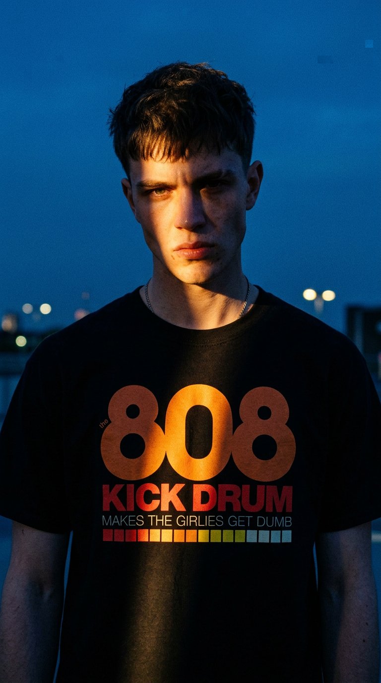 AI product shot of The 808 Kick Drum Makes the Girlies Get Dumb – Shirt