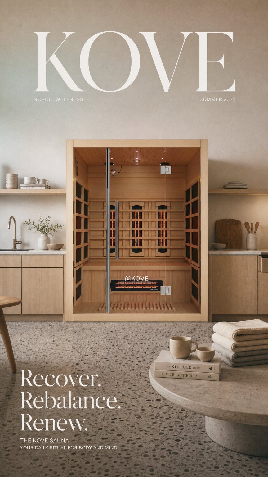AI product shot of KOVE Full Spectrum Infrared Sauna – 3 Person