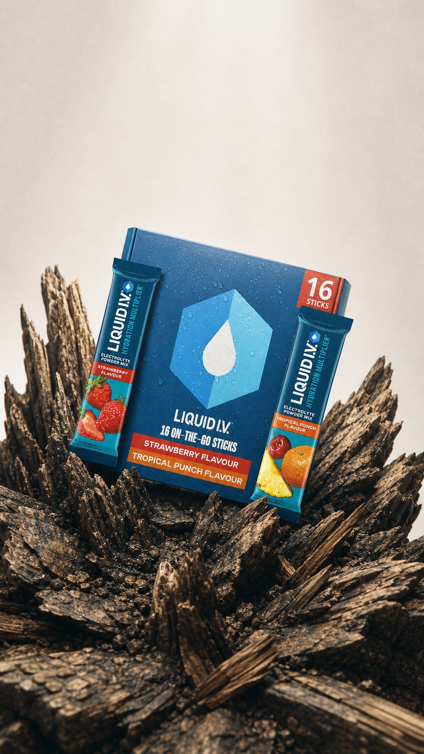 AI product shot of Liquid I.V. Electrolyte Powder Sachets I 32 Sticks (£1 Per Stick) I Strawberry & Tropical Punch Bundle | On-The-Go Hydration