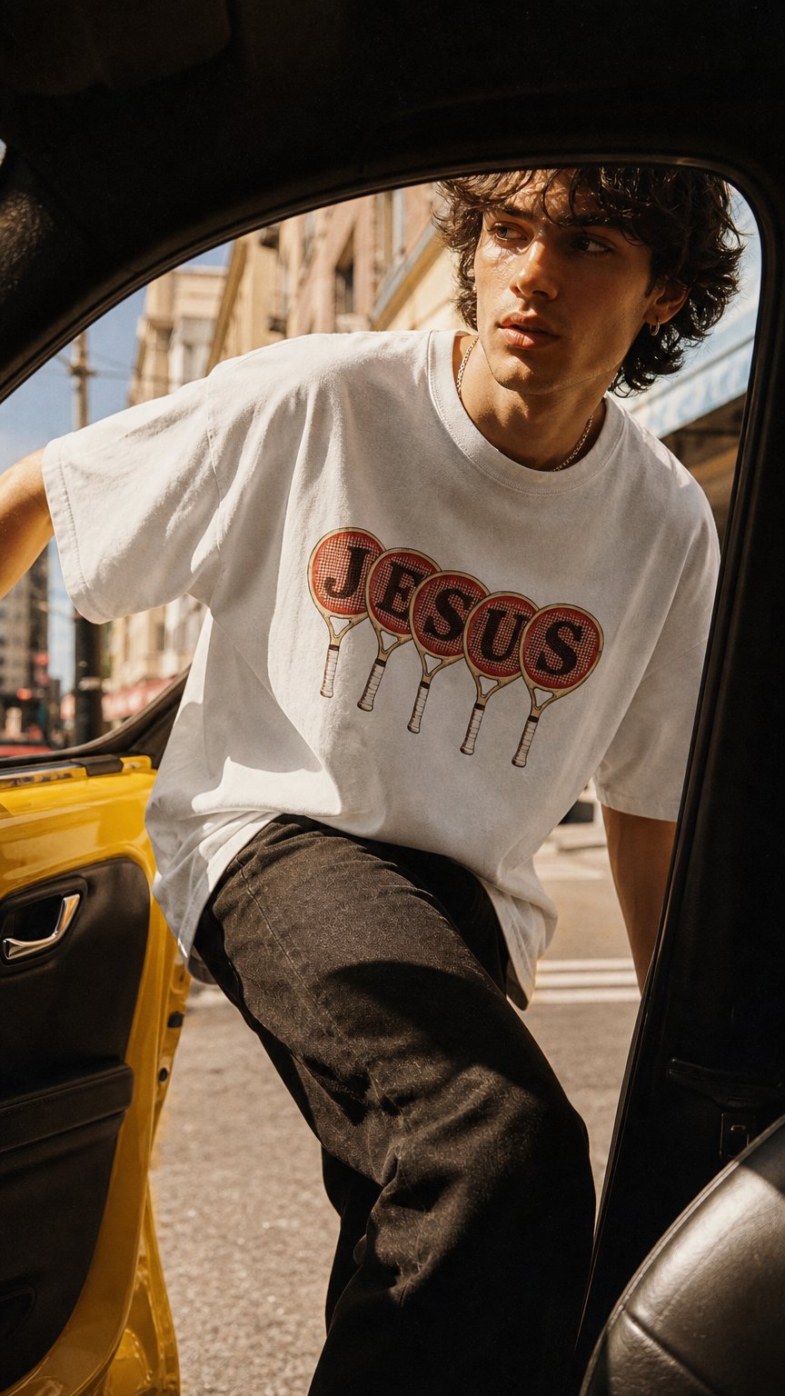 AI product shot of Vintage/Y2K Religious Jesus Tennis Racket Oversized T Shirt