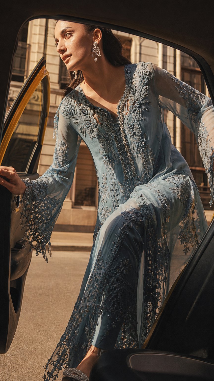 AI product shot of 3 Piece Unstitched Embroidered Chiffon Suit
