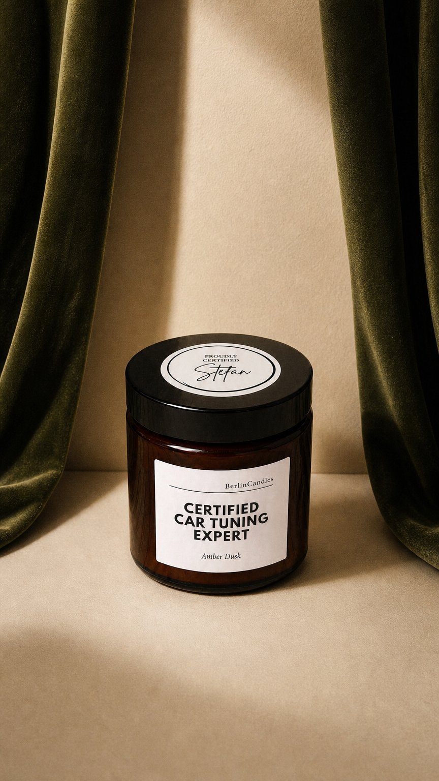 AI product shot of PERSONALISED Scented Candle "Certified Car Tuning Expert", Petrolhead Present for Car Enthusiast, Custom Car Lover Birthday Gift for Friend