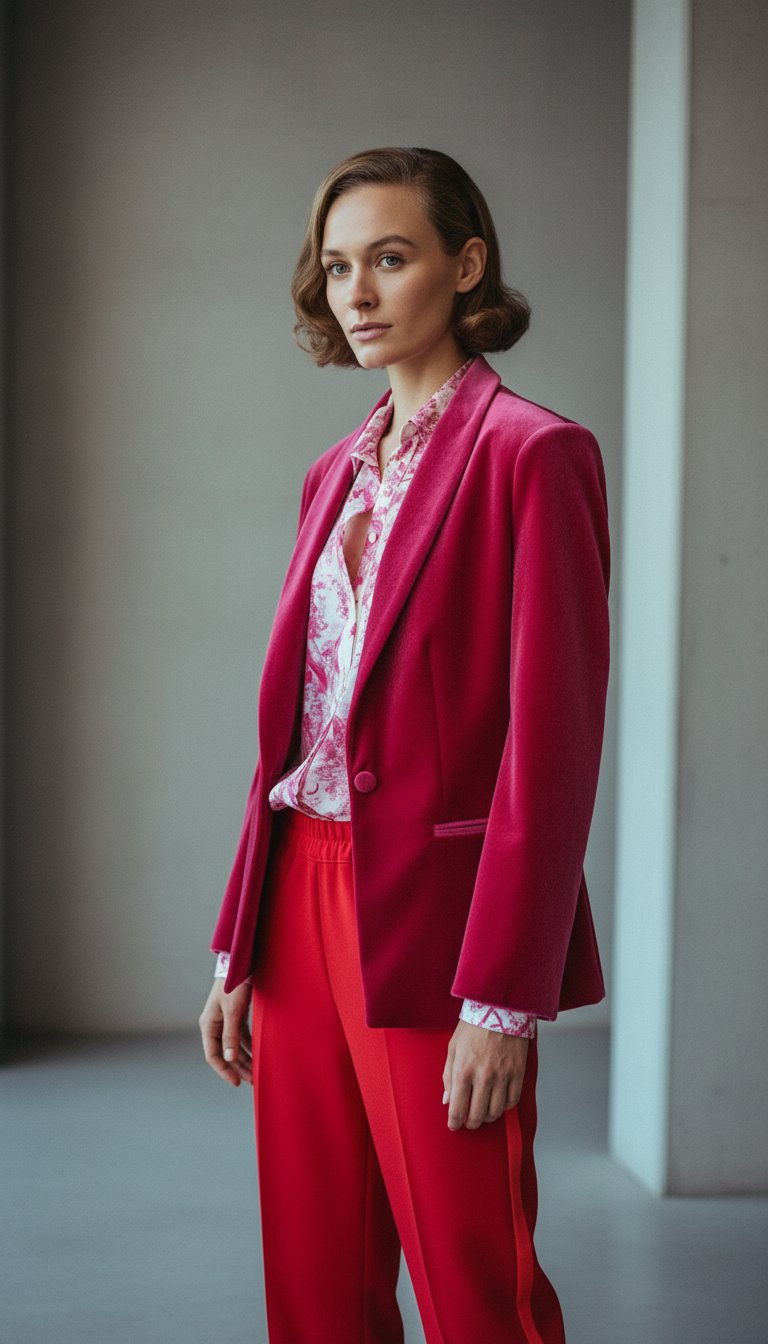 AI product shot of Raspberry Pink Red Velvet Blazer Jacket