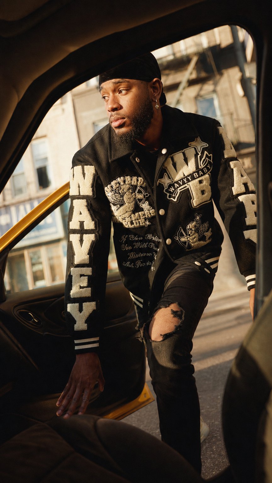 AI product shot of Charlie Varsity Jacket