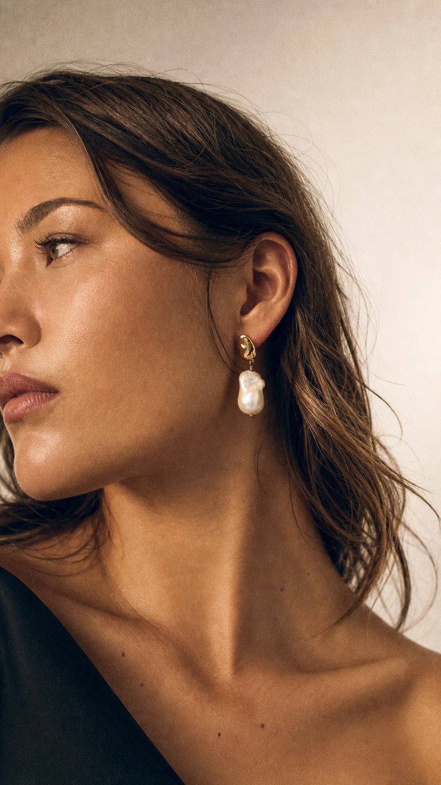 AI product shot of Natural Organic Pearl Drop Earrings