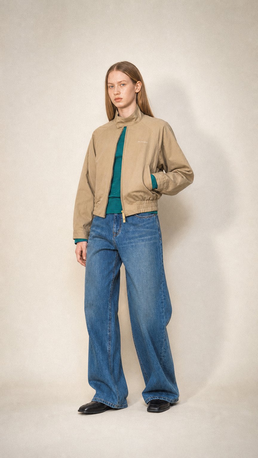AI product shot of COTTON PLEATS BOMBER JACKET_BEIGE