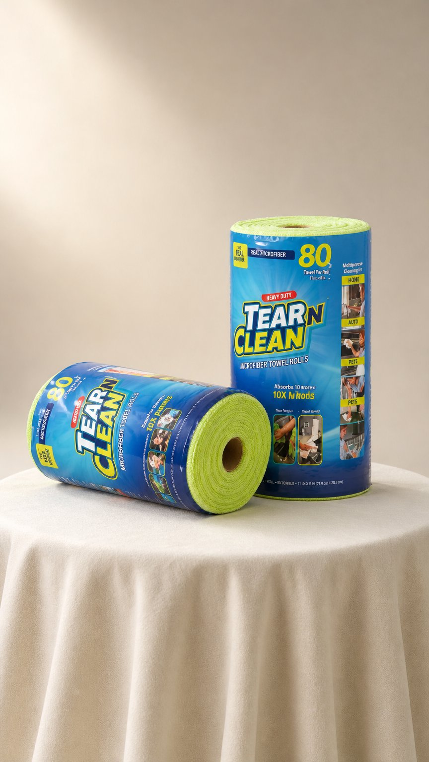 AI product shot of Tear-N-Clean Microfiber Towels on a Roll
