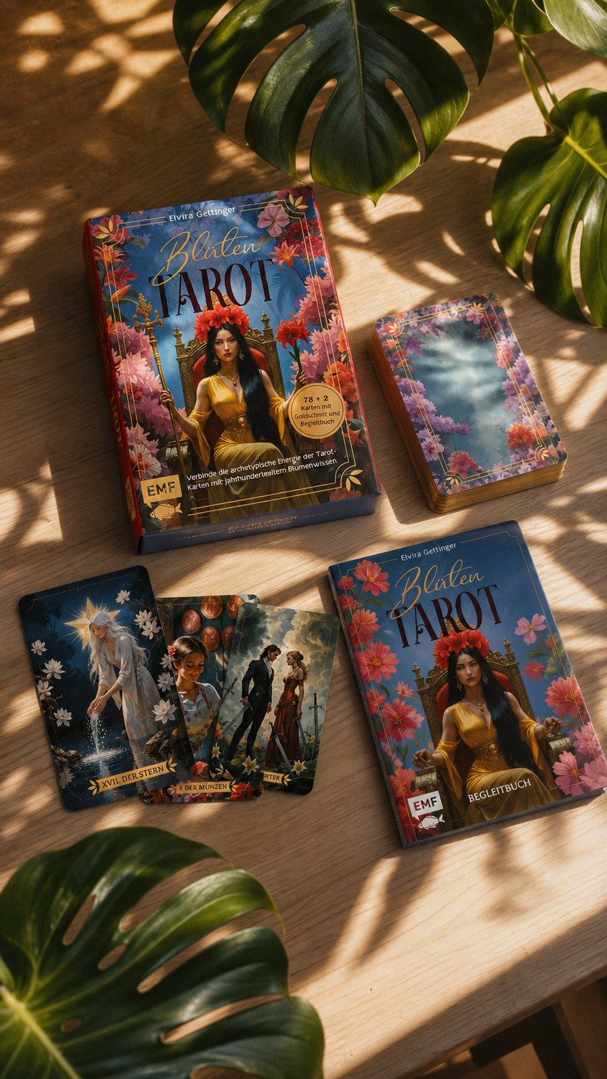 AI product shot of Tarot-Kartenset: Blütentarot | Verbinde die archetypische Energie der Tarot-Karten mit jahrhundertealtem Blumenwissen