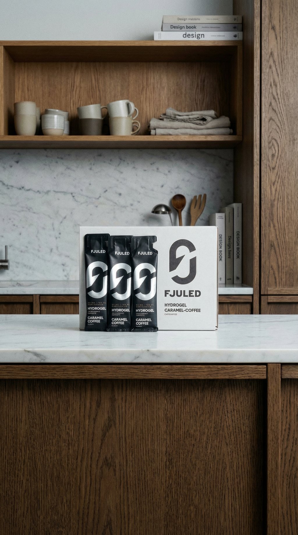 AI product shot of FJULED Hydrogel Caramel Coffee Box 12×50ML