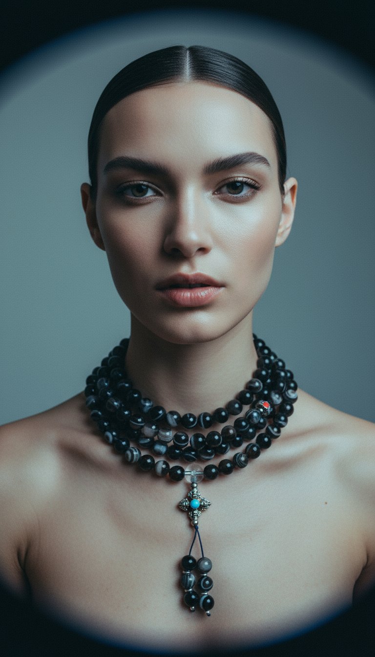 AI product shot of Black Dzi Beads Mala + Free Chant A Mantra Booklet
