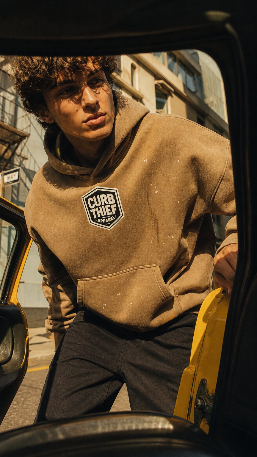 AI product shot of "CROWN" Frayed Fleece Vintage Wash Hoodie