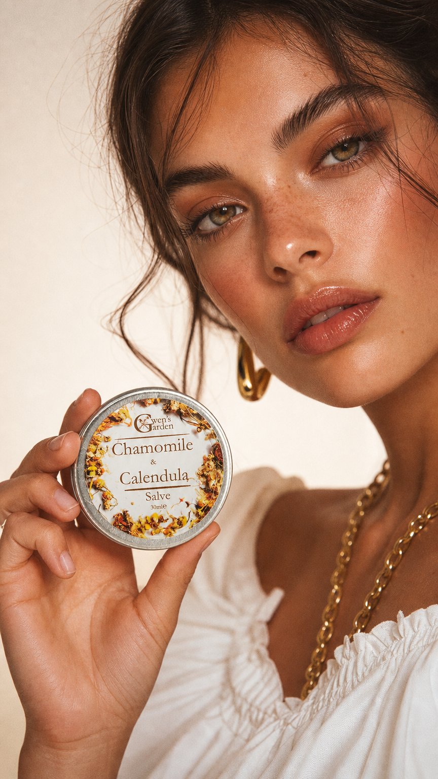 AI product shot of CHAMOMILE & CALENDULA SALVE ~ Sore Red, Itchy Skin, Babies Bums, Itchy Bites